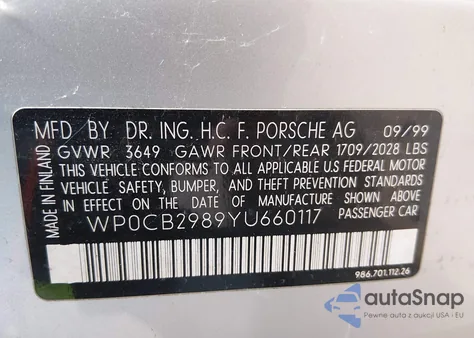 2000 Porsche Boxster S из США, поврежденный, VIN WP0CB2989YU660117